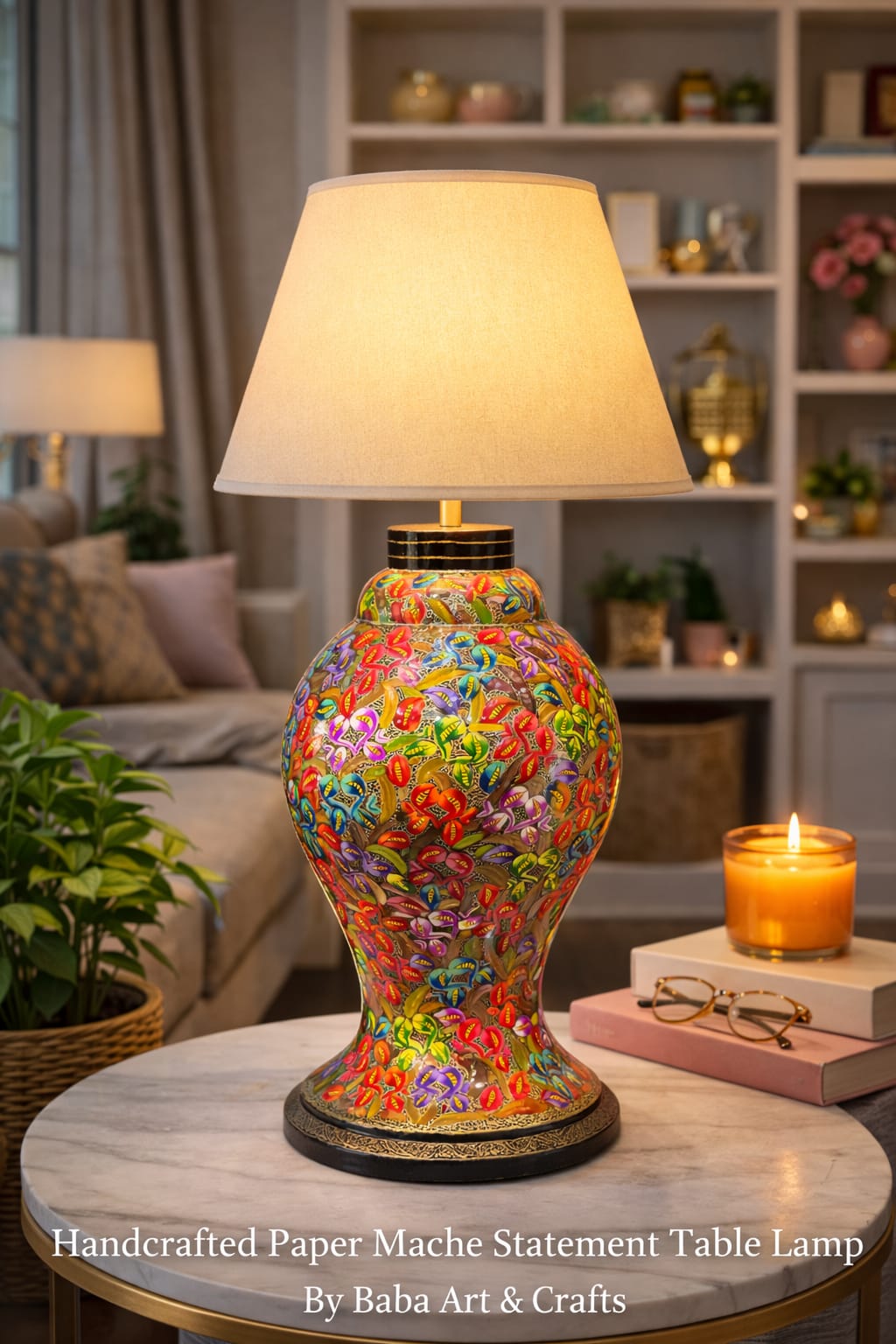 Vintage Paper Mache Table Lamp with kashmiri floral art, handmade paper mache table lamp